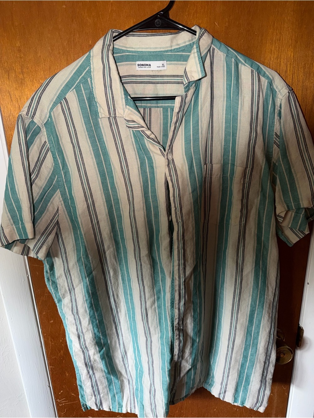 SONOMA Teal and Cream Vertical Stripe Short-Sleeve Button Shirt